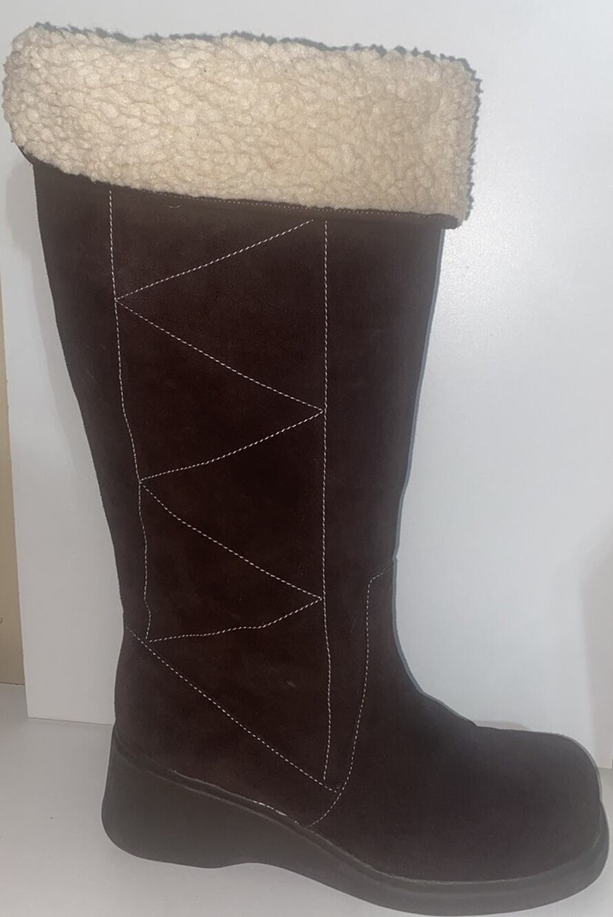 New Vintage 90s Bongo Brown Platform Suede Tall Boots Fur Accent Women US Size 9